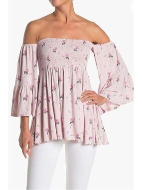 Free People Off-Shoulder Pink Floral Smocked Peasant Top M